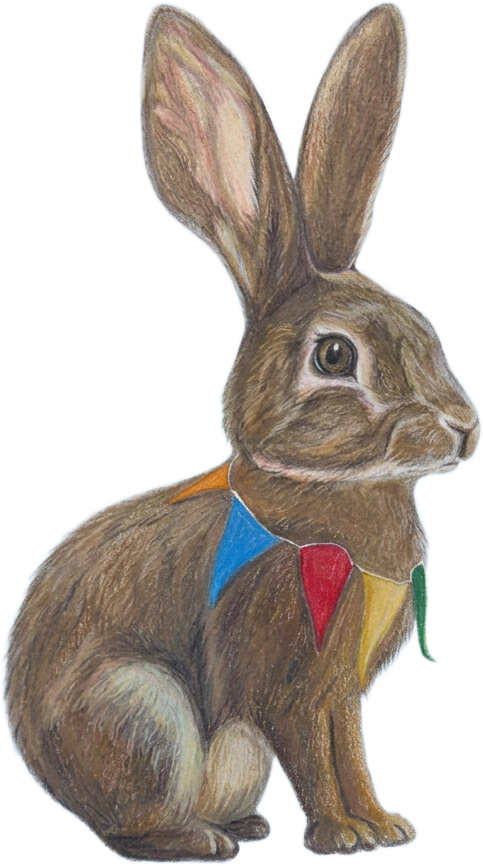 Bunny character wearing colorful pennant bunting