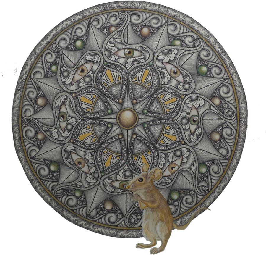 A gray and gold hand-drawn circular design with a small brown mouse standing in front of it